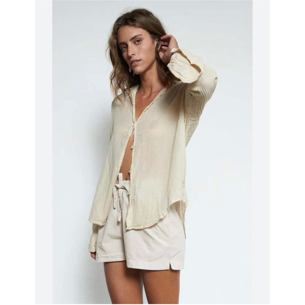 NWT Q House of Basics Gauzy Button Down Shirt Lightweight Coastal Vacation Beach
